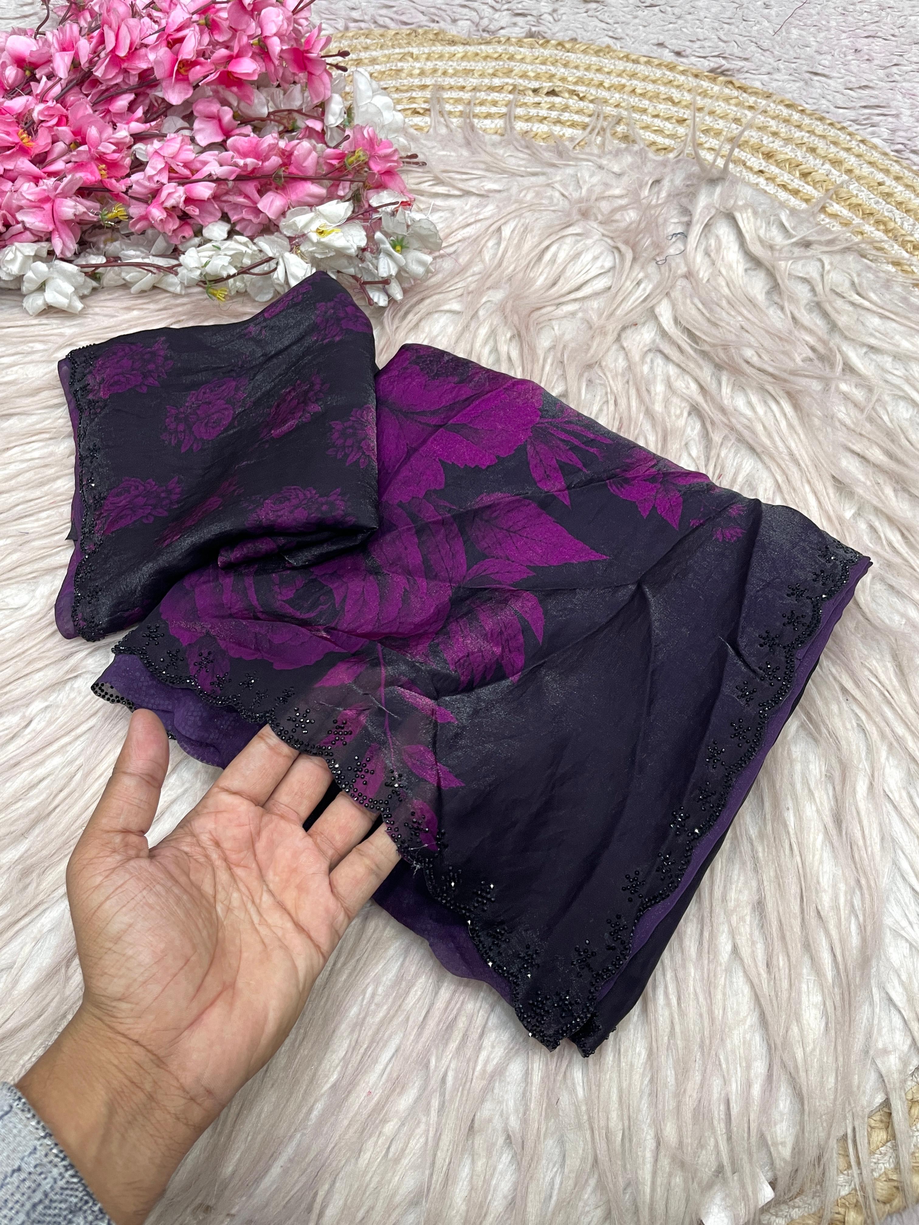 Midnight Bloom Space Silk Digital Floral Jarkan Work Saree